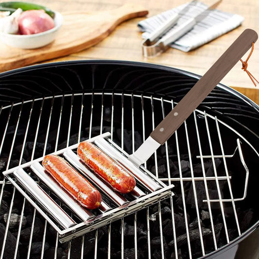 Stainless Steel Hot Dog Roller Grill With Extra Long Wooden Handle For BBQ Sausage Cooking net16x13.6cm