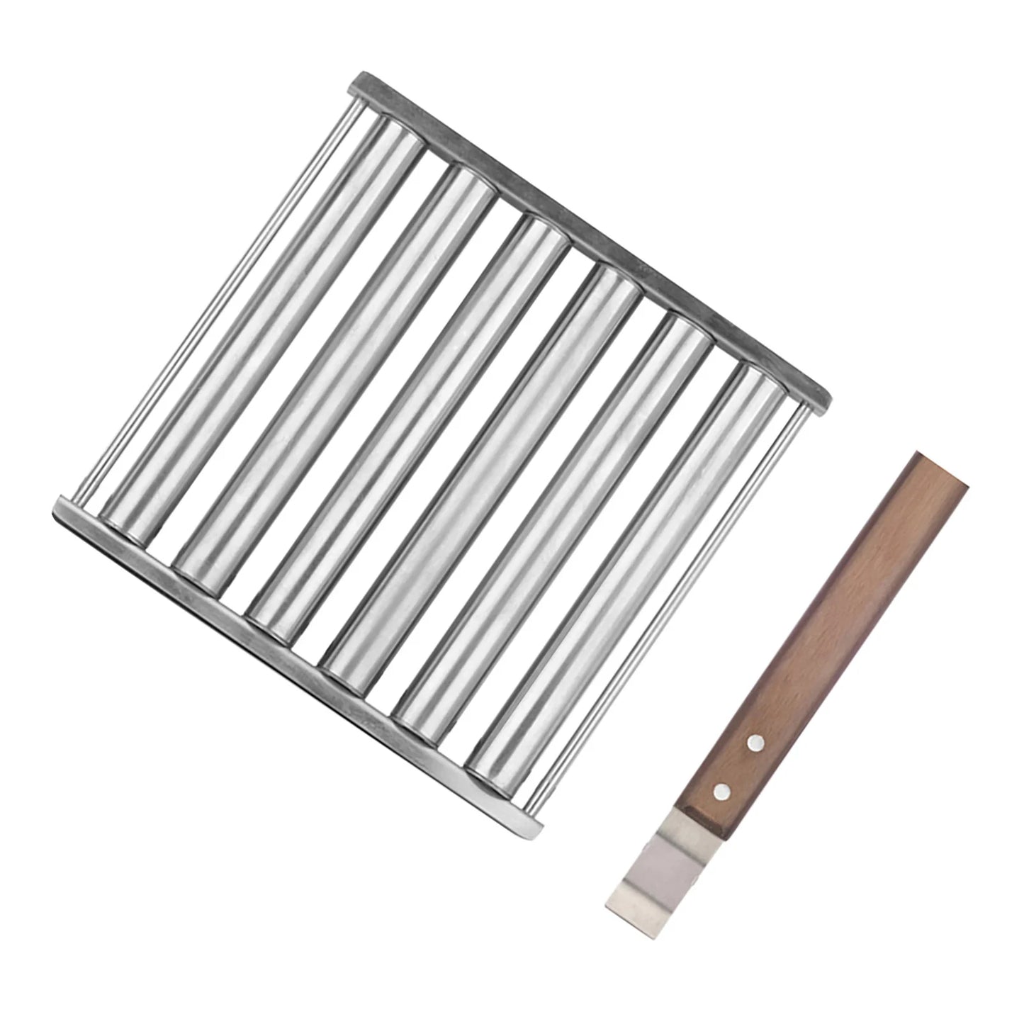 Stainless Steel Hot Dog Roller Grill With Extra Long Wooden Handle For BBQ Sausage Cooking net16x13.6cm