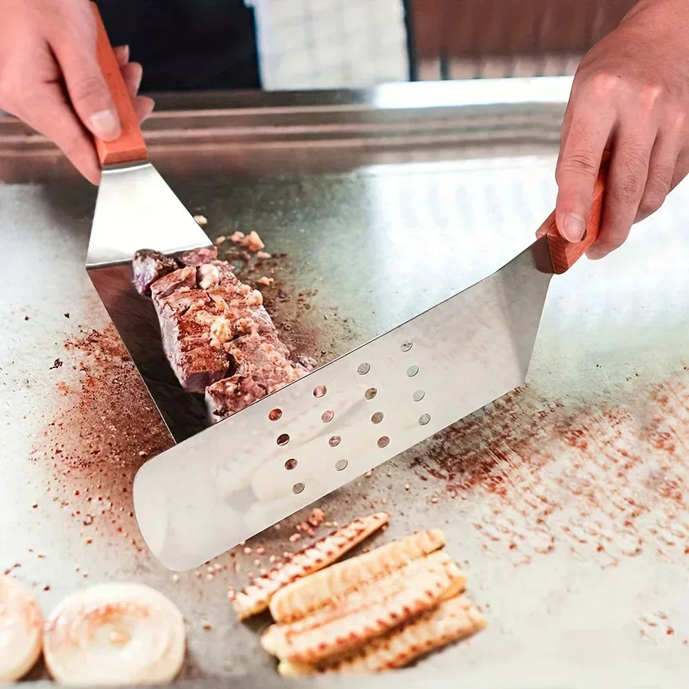 2/3pcs Stainless Steel BBQ Tool Set  With Wooden Handles  Cooking Shovel Steak BBQ Tools Kitchenware Cookware Kabob skewers Tong