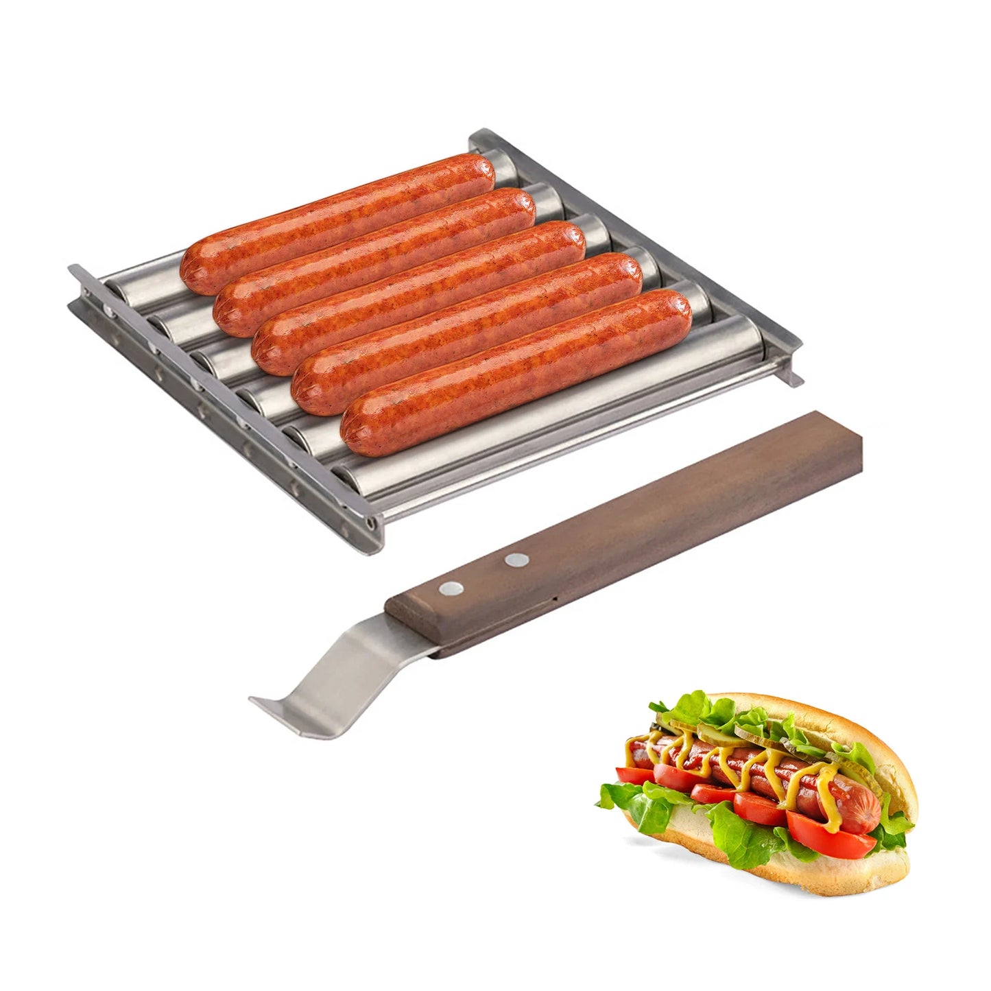Stainless Steel Hot Dog Roller Grill With Extra Long Wooden Handle For BBQ Sausage Cooking net16x13.6cm