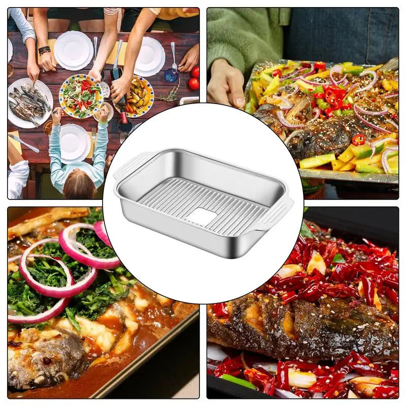 Stainless Steel Grill Pan Rectangle Grill Griddle Plate Metal Seafood Tray Barbecue Trays With Handles Grilling Pan For Family
