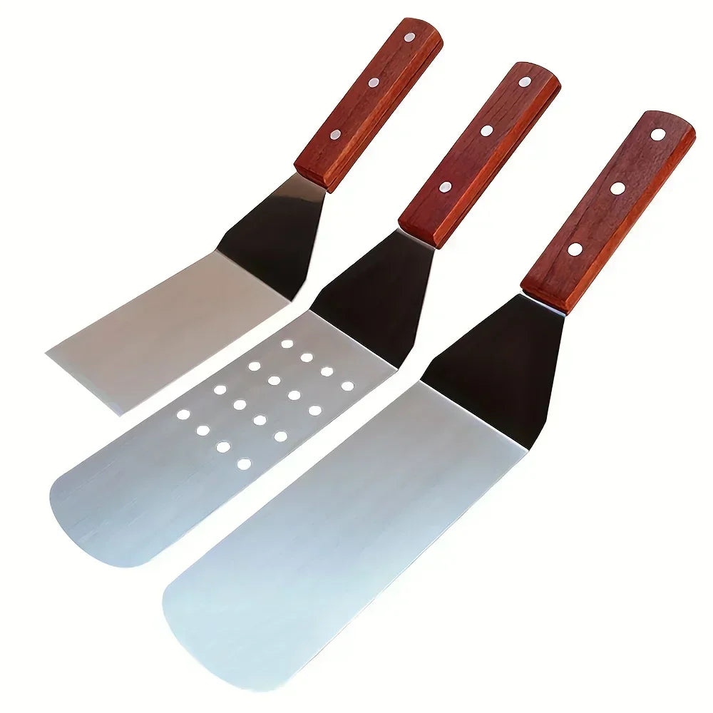 2/3pcs Stainless Steel BBQ Tool Set  With Wooden Handles  Cooking Shovel Steak BBQ Tools Kitchenware Cookware Kabob skewers Tong
